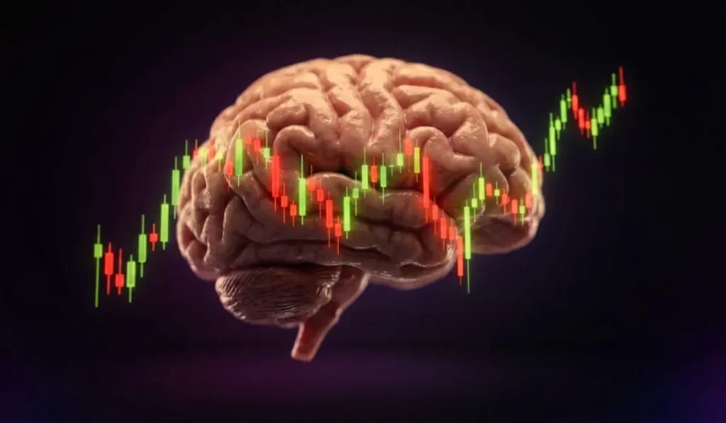 Trader analyzing market charts while managing emotions such as greed, fear, and FOMO during trading decisions.